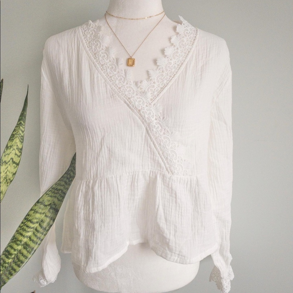 Cotton Gauze Blouse with Lace Trim